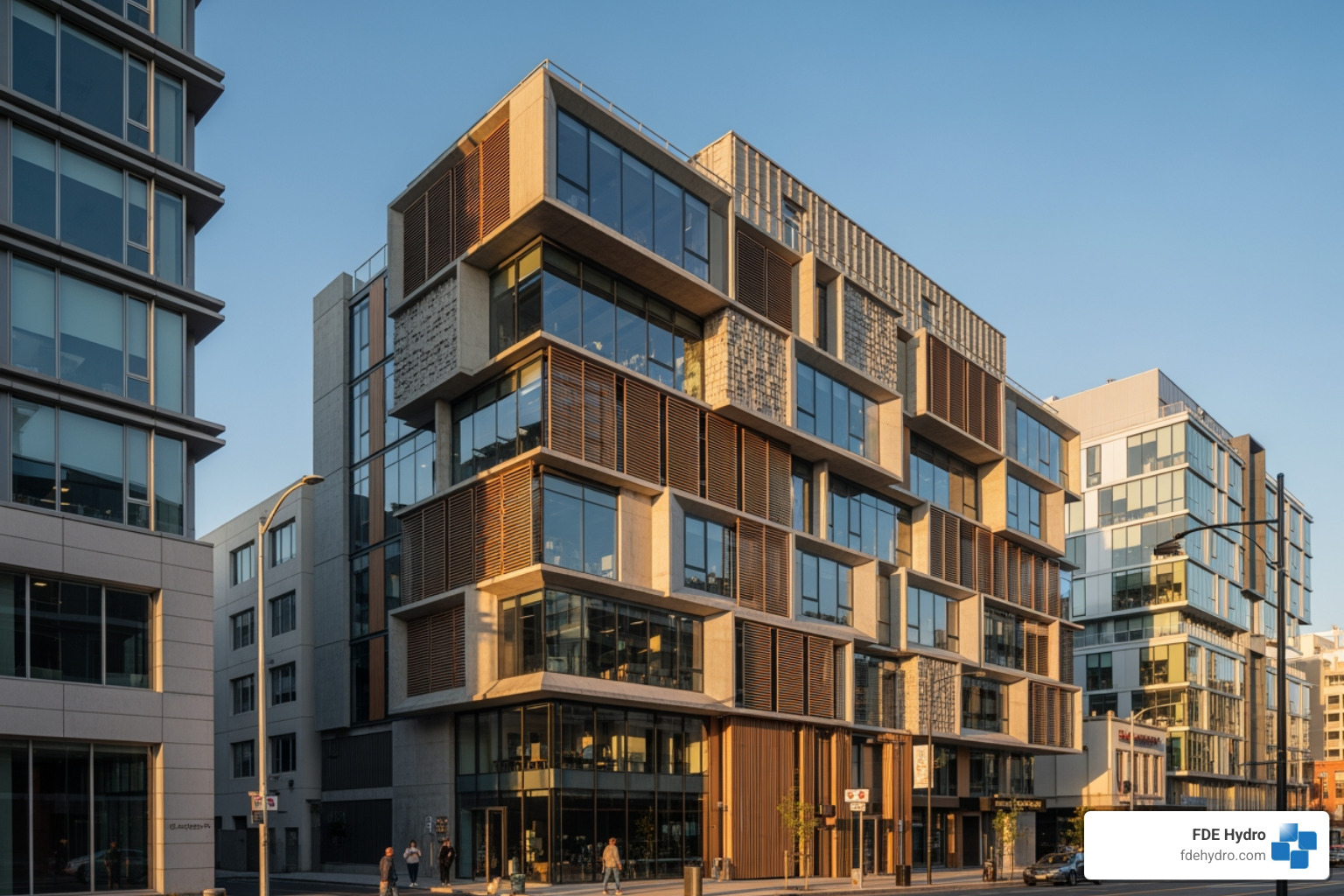 Image of a modern, multi-story building constructed with precast modular elements, showcasing architectural flexibility with various facade treatments - Precast Modular Technology