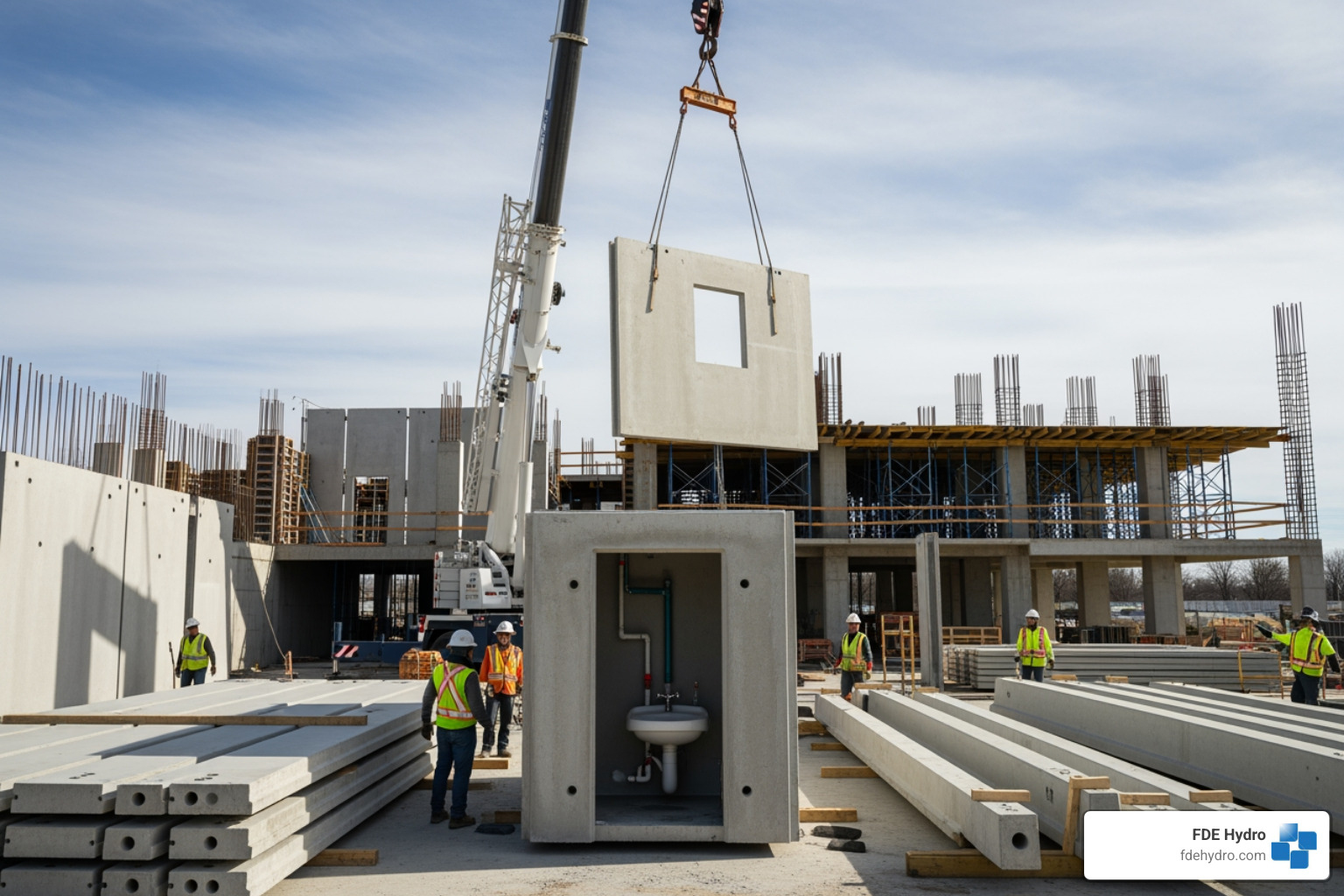 Image of various precast concrete components including wall panels, floor slabs, beams, and a bathroom pod being lifted by a crane - Precast Modular Technology