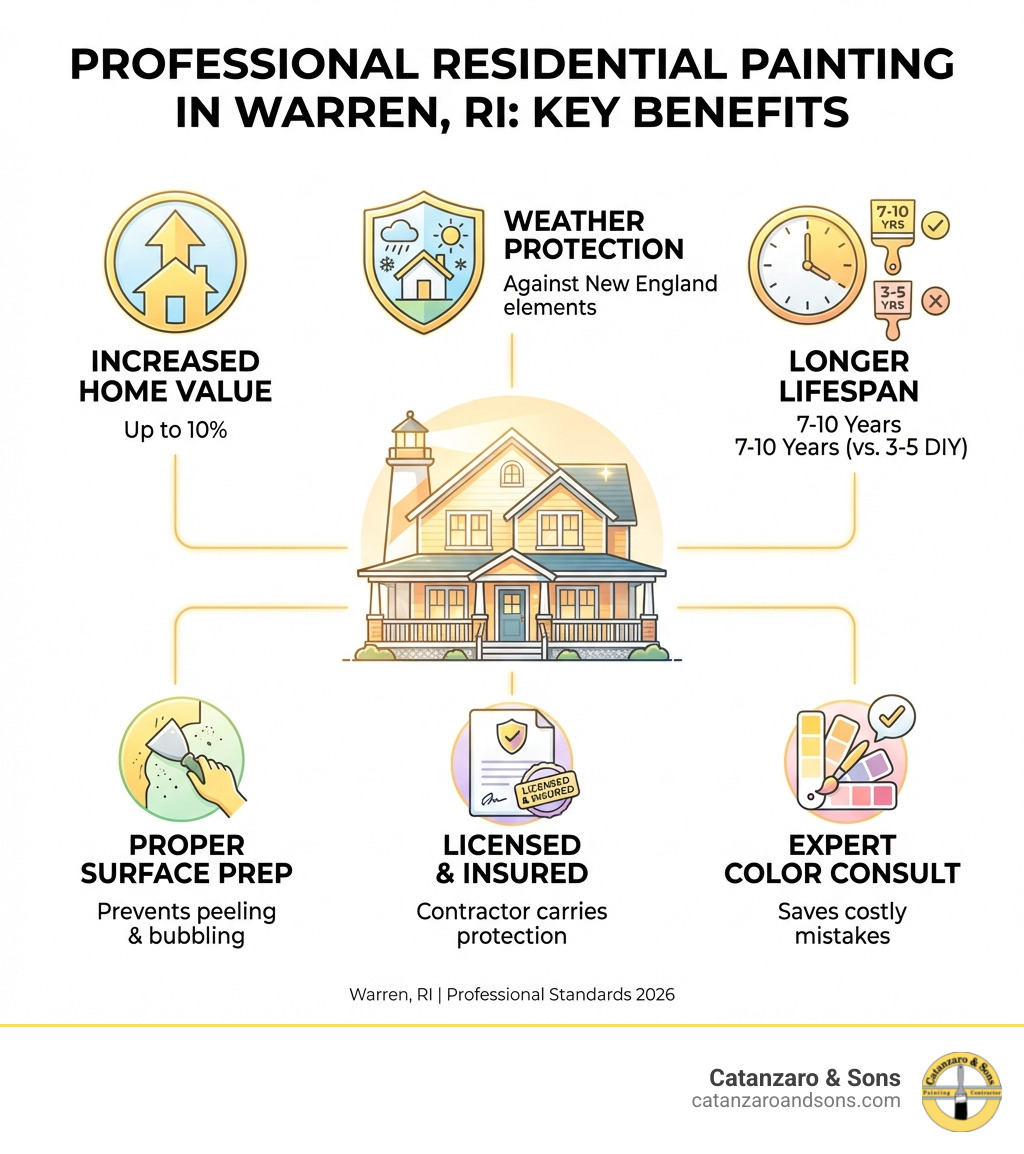 infographic showing benefits of professional residential painting in Warren RI including increased home value up to 10 percent, protection against New England weather elements, 7-10 year paint lifespan versus 3-5 years DIY, proper surface preparation prevents peeling and bubbling, licensed contractors carry insurance for your protection, and expert color consultation saves costly mistakes - residential painting warren infographic 