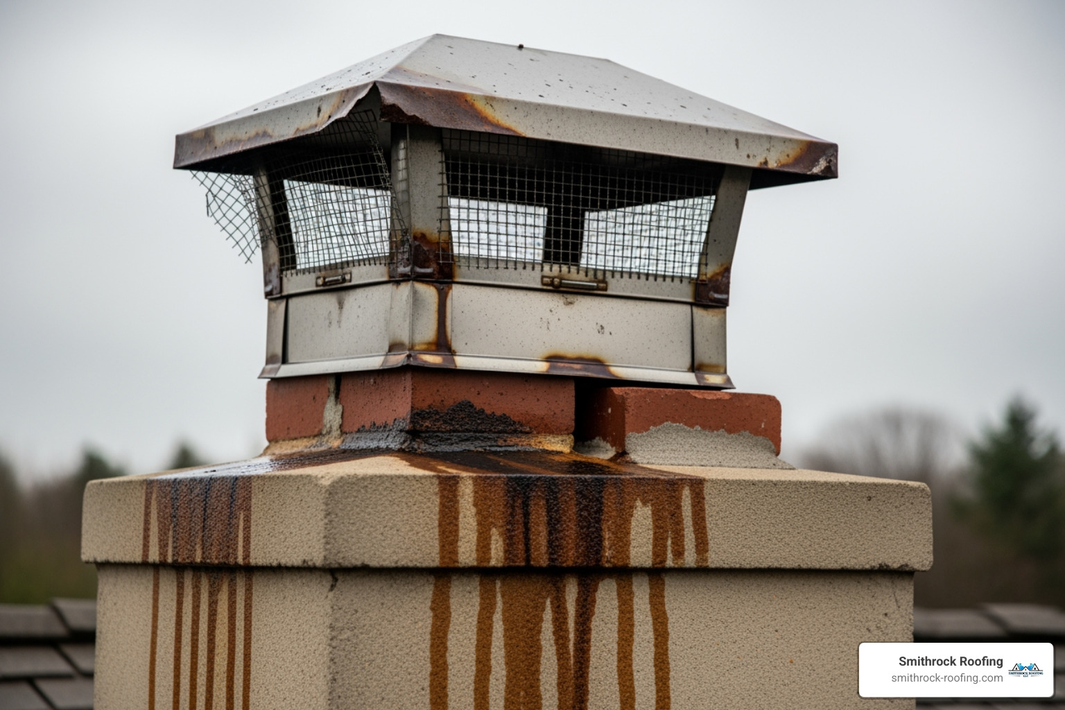 A close-up image of a severely rusted and deteriorating galvanized steel chimney cap, showing clear signs of corrosion and material breakdown. - chimney cap problems