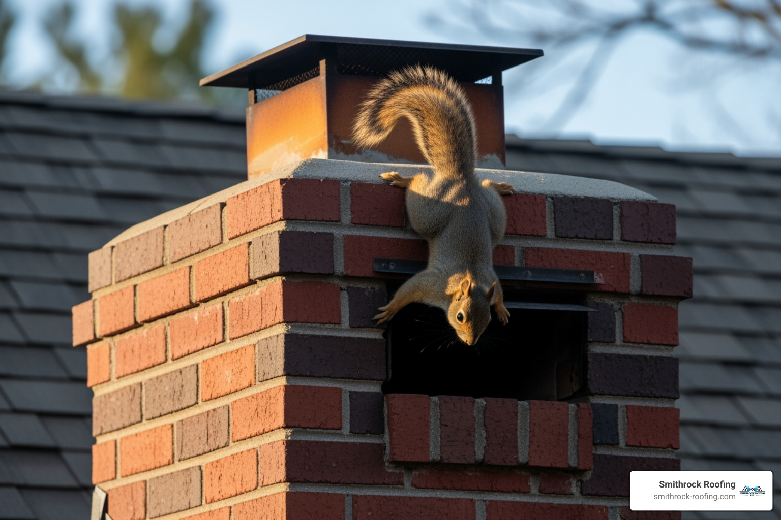 A squirrel attempting to enter an uncapped chimney, highlighting the need for a cap to prevent animal intrusion. - chimney cap problems