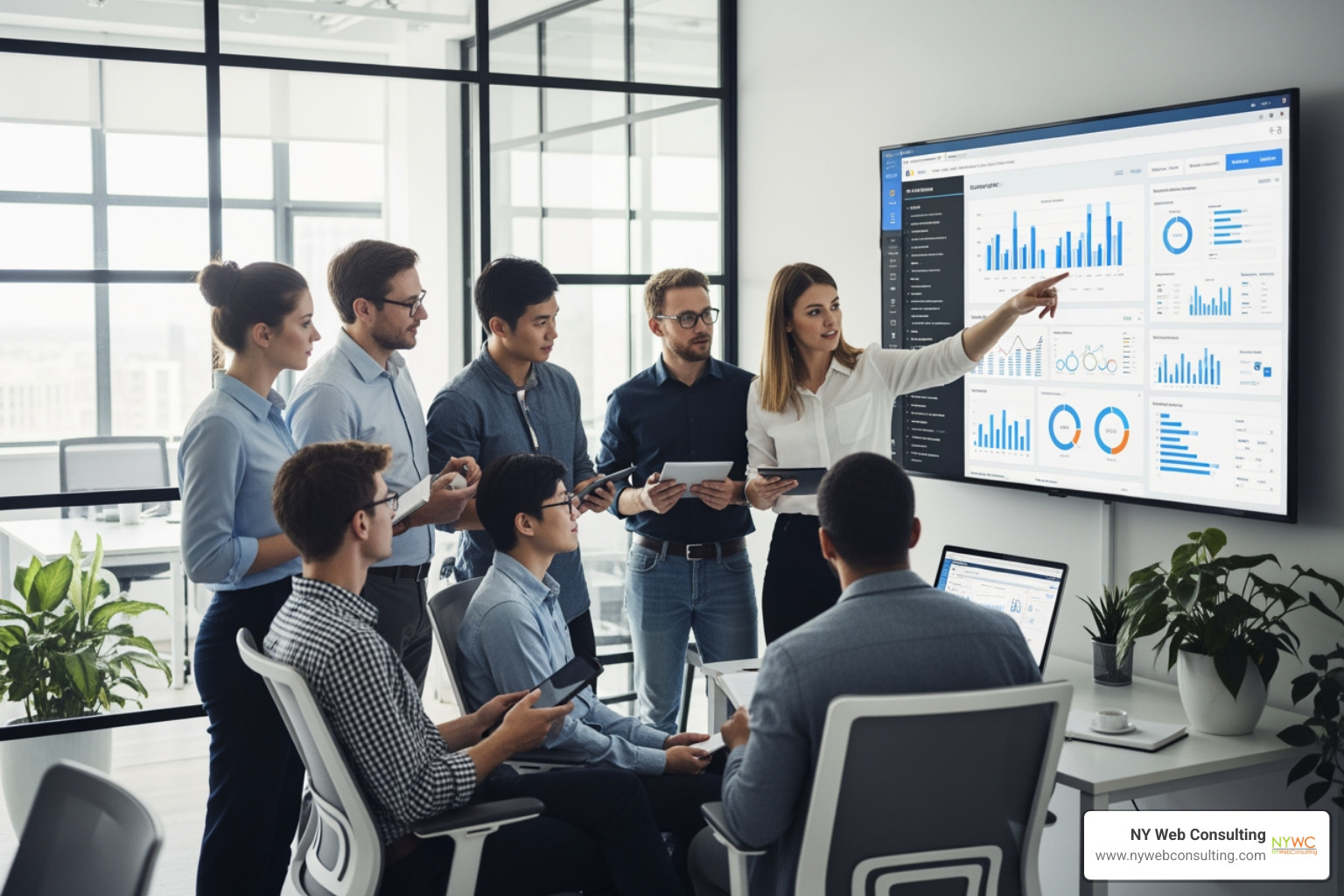 team collaborating around a dashboard showing marketing analytics - lead generation services
