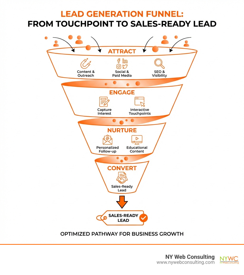 infographic illustrating the lead generation funnel from initial touchpoint to sales-ready lead, showing steps like attracting, engaging, nurturing, and converting - lead generation services infographic 