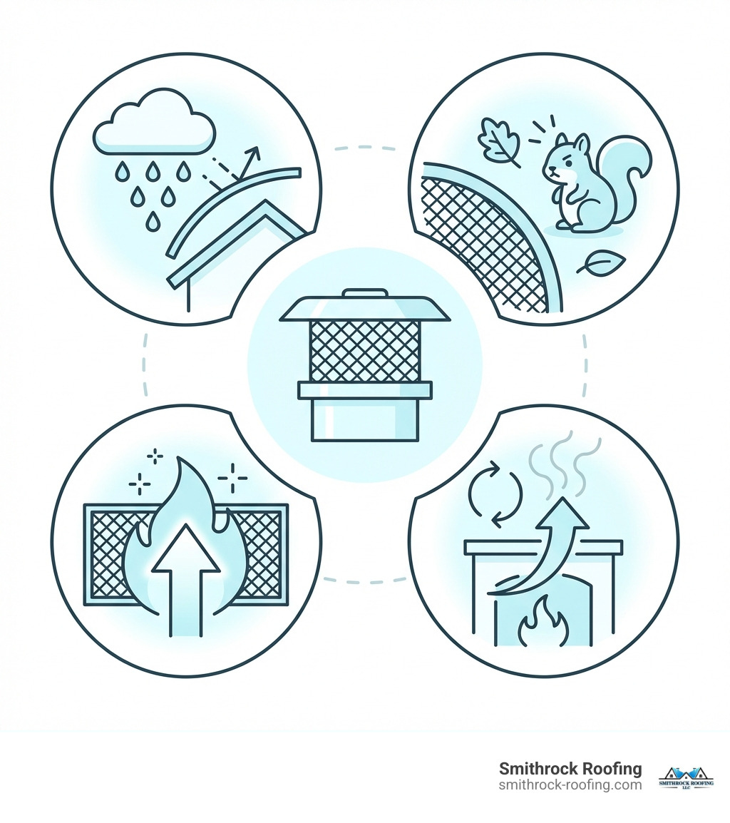 Infographic detailing the four primary functions of a chimney cap: preventing water intrusion, blocking animals and debris, arresting sparks, and improving draft. - chimney cap problems infographic 