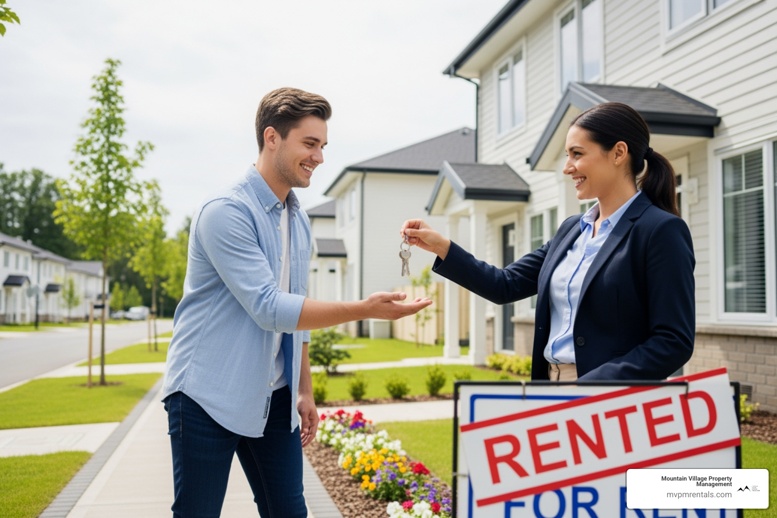 a happy tenant receiving keys to their new rental home - real estate property management companies