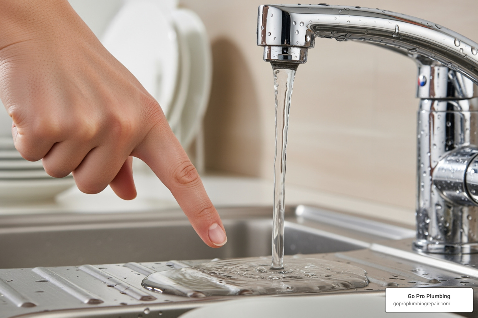 hand pointing to the base of a faucet spout where a leak originates - kitchen sink faucet leaking from spout