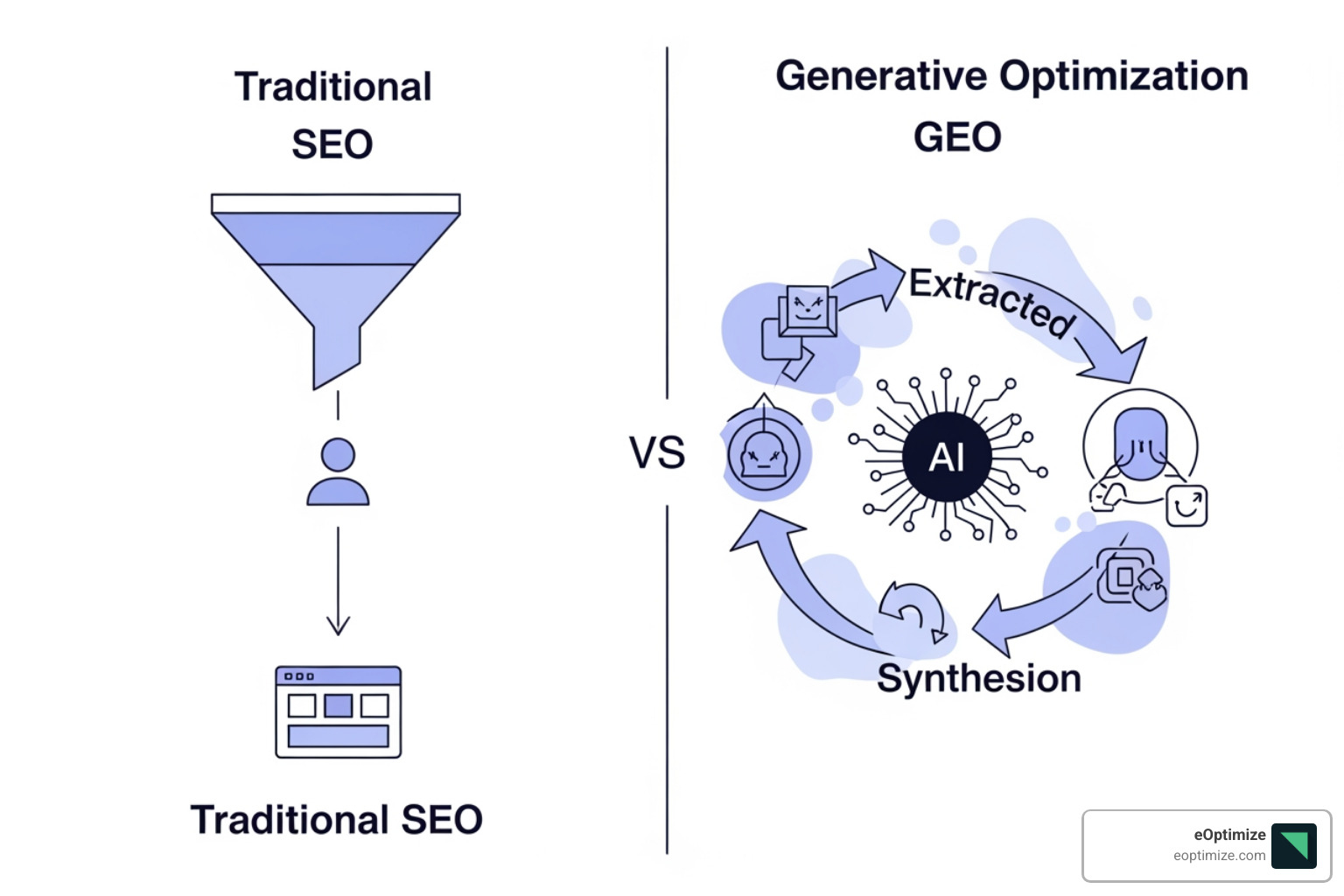 Diagram contrasting traditional SEO flow with GEO's cyclical, synthesis-based model - AI Overviews search optimization