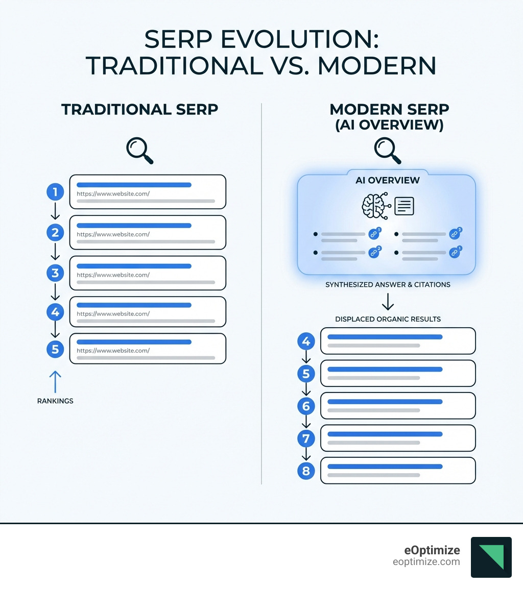 Infographic comparing traditional SERP layout with blue links and rankings versus modern SERP with AI Overview at top showing synthesized answer with citations, followed by displaced organic results - AI Overviews search optimization infographic 
