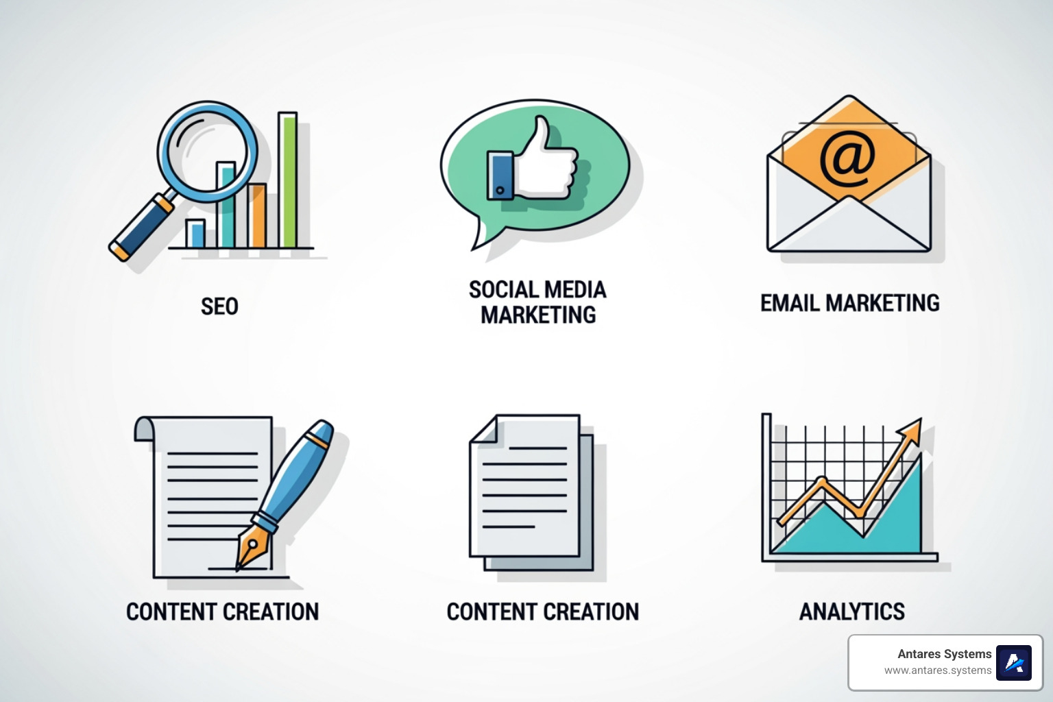 icons representing different marketing services - online marketing companies