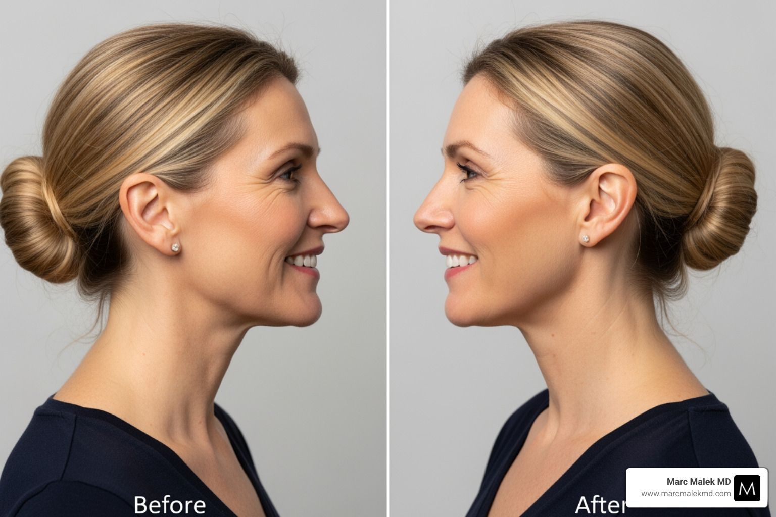 Image of a happy, confident patient's before-and-after profile - Natural looking neck lift Image of a happy, confident patient's before-and-after profile - Natural looking neck lift