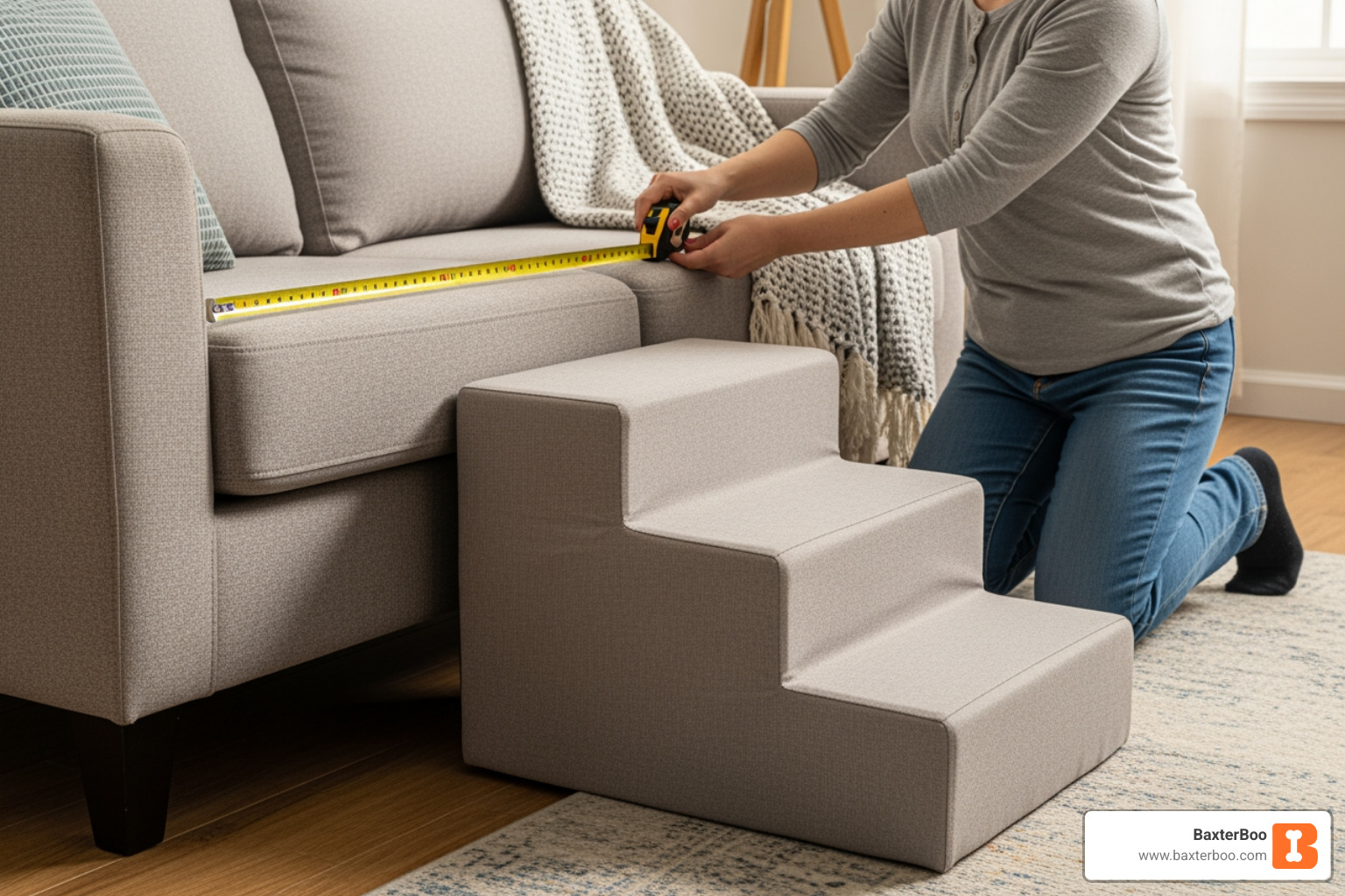 person measuring the height of their sofa next to a set of dog stairs - 3 step dog steps person measuring the height of their sofa next to a set of dog stairs - 3 step dog steps