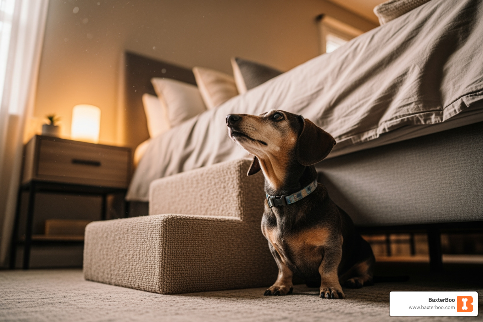 senior dachshund next to a tall bed - 3 step dog steps senior dachshund next to a tall bed - 3 step dog steps