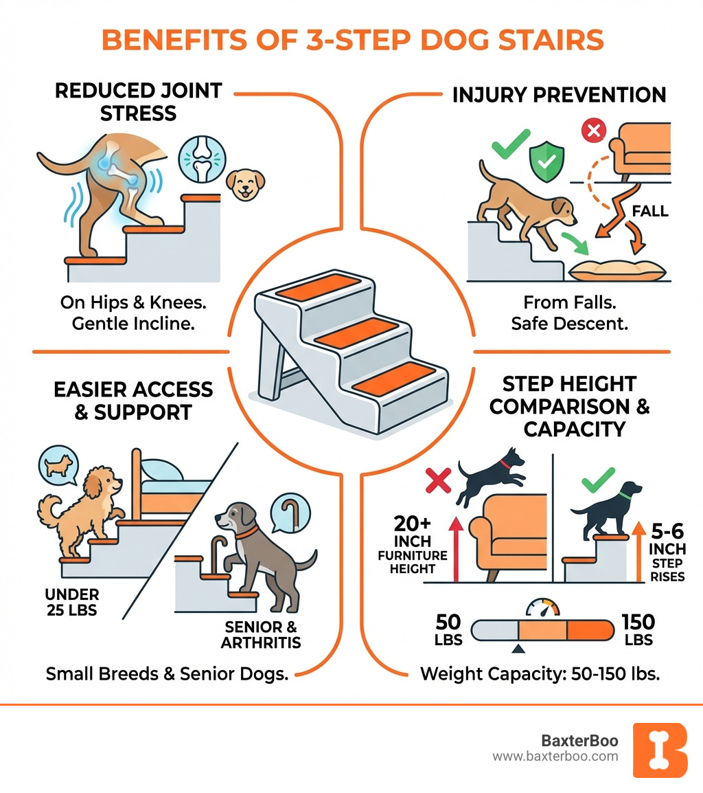 infographic showing benefits of 3-step dog stairs including reduced joint stress on hips and knees, injury prevention from falls, easier access for small breeds under 25 lbs, support for senior dogs with arthritis, step height comparison showing 5-6 inch rises versus 20+ inch furniture height, and weight capacity ranges from 50-150 lbs - 3 step dog steps infographic infographic showing benefits of 3-step dog stairs including reduced joint stress on hips and knees, injury prevention from falls, easier access for small breeds under 25 lbs, support for senior dogs with arthritis, step height comparison showing 5-6 inch rises versus 20+ inch furniture height, and weight capacity ranges from 50-150 lbs - 3 step dog steps infographic