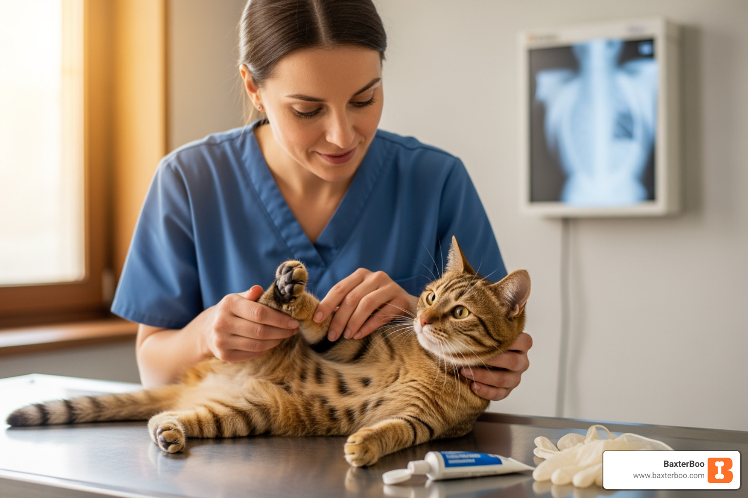 veterinarian examining cat's leg joint - arthritis medicine for cats