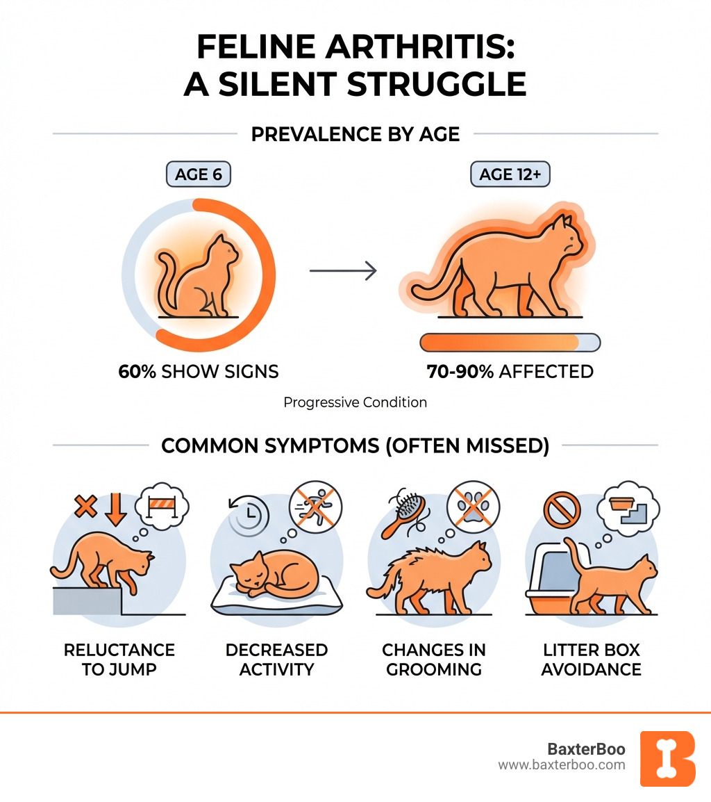 infographic showing arthritis prevalence in cats: 60% of cats age 6 show signs, 70-90% of cats over age 12 are affected, with common symptoms including reluctance to jump, decreased activity, changes in grooming, and litter box avoidance - arthritis medicine for cats infographic 