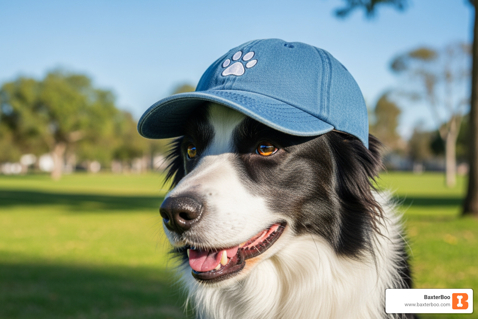 Border Collie wearing a well-fitted baseball-style cap - border collie hat