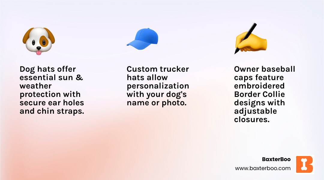 Infographic showing three types of Border Collie hats: dog hats with ear holes and chin straps for sun protection, embroidered baseball caps for owners with adjustable closures, and custom trucker hats with personalized dog names and breed illustrations - border collie hat infographic 3_facts_emoji_light-gradient