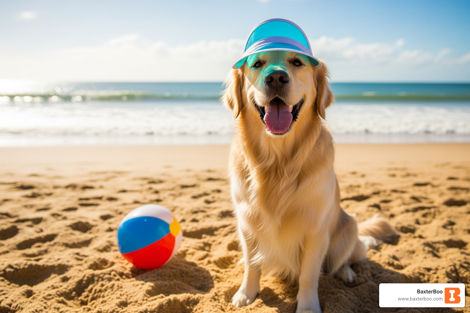 Dog on a sunny beach wearing a visor - border collie hat