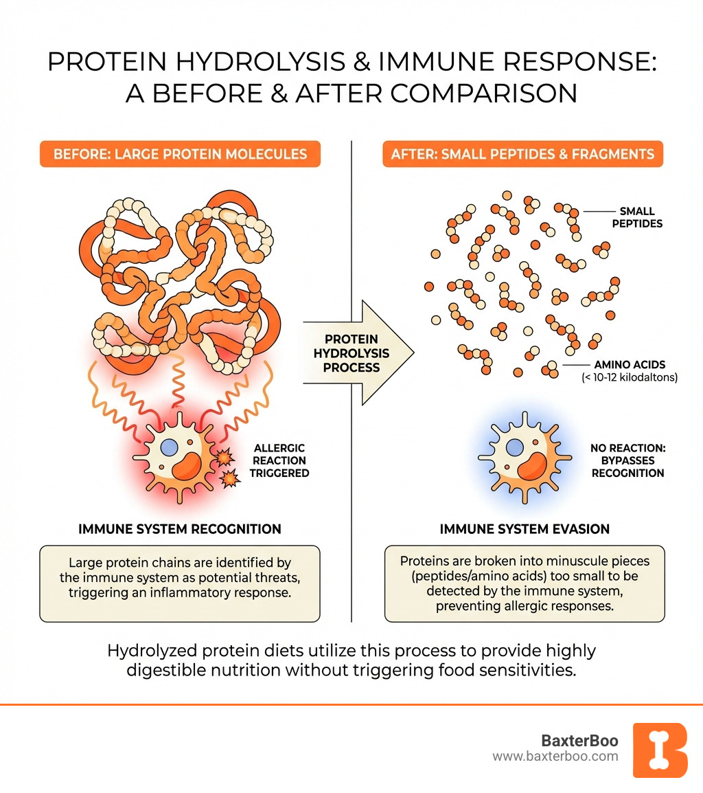 infographic showing how protein hydrolysis breaks large protein molecules into small peptides that bypass immune system recognition, with before and after comparison of protein size and immune system response - Hydrolyzed protein cat food infographic infographic showing how protein hydrolysis breaks large protein molecules into small peptides that bypass immune system recognition, with before and after comparison of protein size and immune system response - Hydrolyzed protein cat food infographic