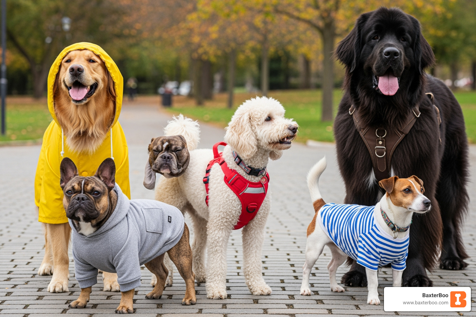 diverse group of dogs wearing different types of apparel (raincoat, hoodie, harness) - dog clothes and accessories diverse group of dogs wearing different types of apparel (raincoat, hoodie, harness) - dog clothes and accessories