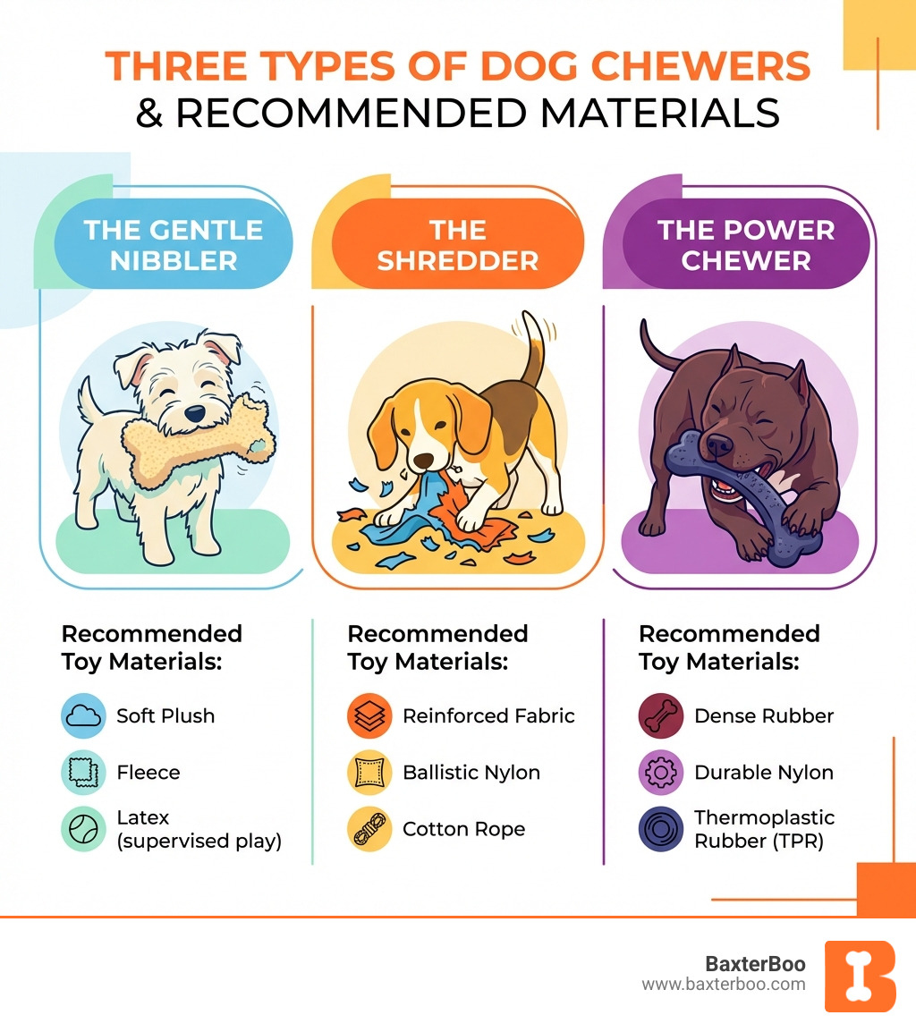 infographic showing three types of dog chewers: The Gentle Nibbler with a small dog carrying a toy, The Shredder with a medium dog tearing fabric, and The Power Chewer with a large dog gnawing intensely on a heavy-duty toy, each with recommended toy materials listed below - best tough dog toys infographic infographic showing three types of dog chewers: The Gentle Nibbler with a small dog carrying a toy, The Shredder with a medium dog tearing fabric, and The Power Chewer with a large dog gnawing intensely on a heavy-duty toy, each with recommended toy materials listed below - best tough dog toys infographic