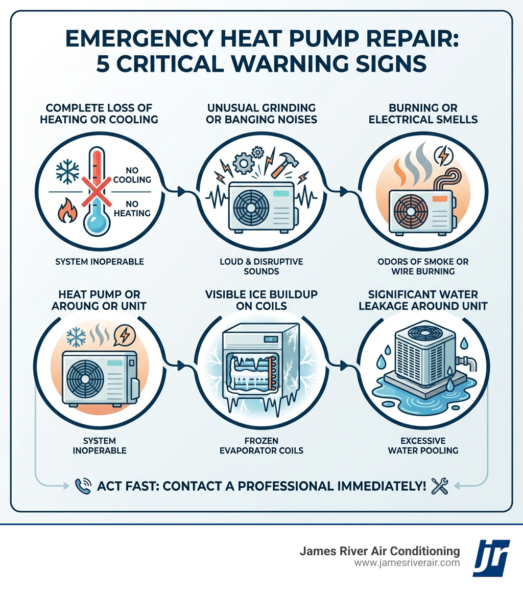 Infographic showing 5 critical warning signs requiring emergency heat pump repair: complete loss of heating or cooling, unusual grinding or banging noises, burning or electrical smells, visible ice buildup on coils, and significant water leakage around the unit - emergency heat pump repair in midlothian, va infographic Infographic showing 5 critical warning signs requiring emergency heat pump repair: complete loss of heating or cooling, unusual grinding or banging noises, burning or electrical smells, visible ice buildup on coils, and significant water leakage around the unit - emergency heat pump repair in midlothian, va infographic