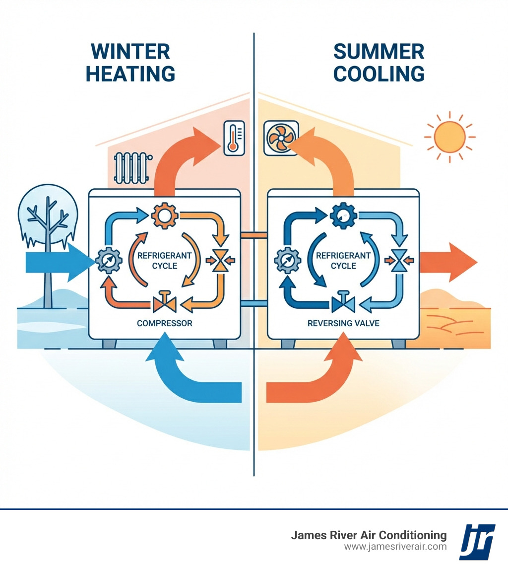 Infographic showing heat pump dual function: arrows indicating heat transfer in winter (extracting heat from outside air and moving it indoors) and summer (removing heat from inside and releasing it outdoors), with labels for compressor, refrigerant cycle, and reversing valve - 24/7 heat pump repair in hanover, va infographic Infographic showing heat pump dual function: arrows indicating heat transfer in winter (extracting heat from outside air and moving it indoors) and summer (removing heat from inside and releasing it outdoors), with labels for compressor, refrigerant cycle, and reversing valve - 24/7 heat pump repair in hanover, va infographic