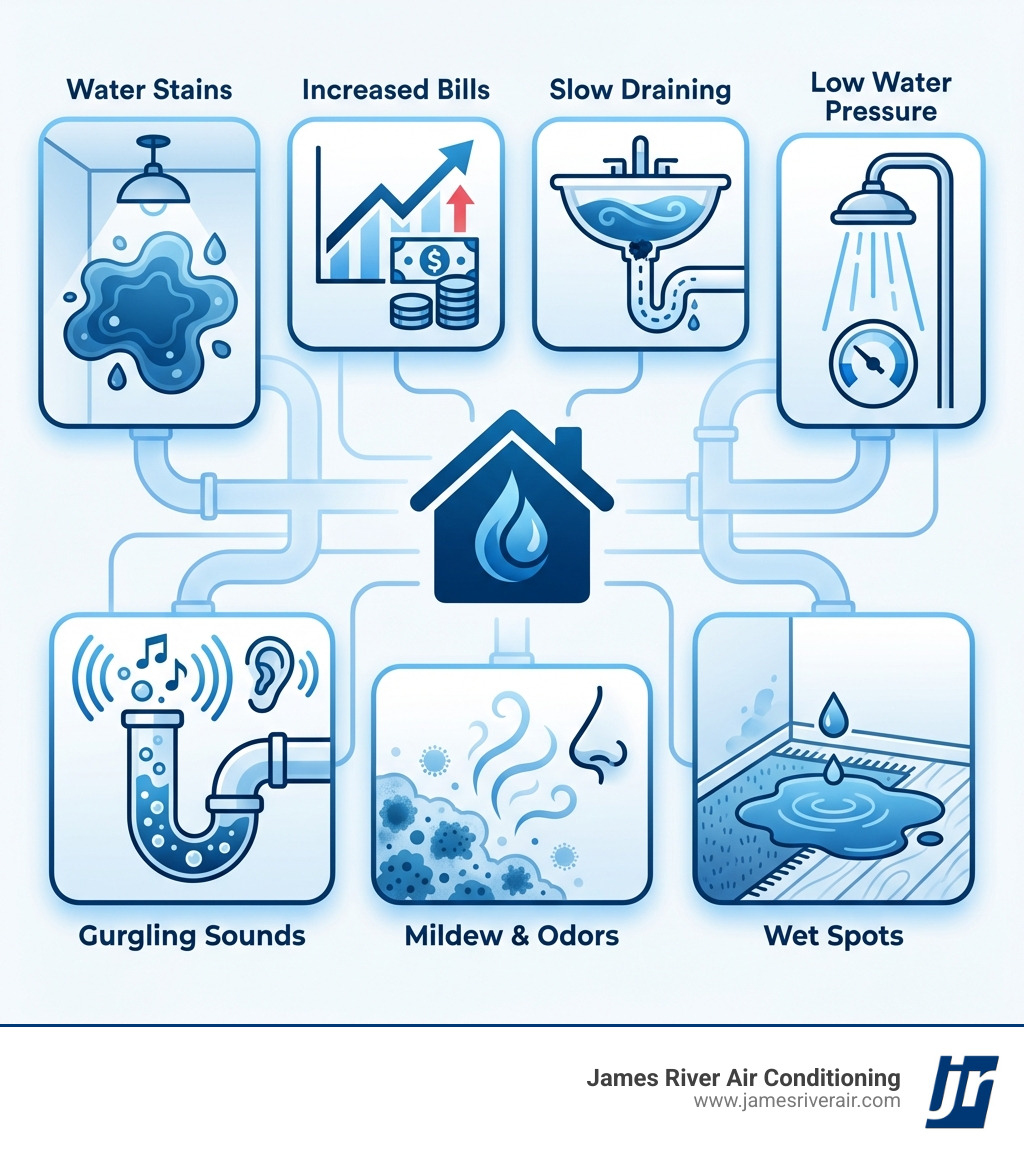 Infographic showing common signs of plumbing problems: water stains on ceilings and walls, unexplained increases in water bills, slow draining sinks and tubs, low water pressure, gurgling sounds from drains, mildew or musty odors, and wet spots on floors or carpets - plumbing repair in mechanicsville, va infographic Infographic showing common signs of plumbing problems: water stains on ceilings and walls, unexplained increases in water bills, slow draining sinks and tubs, low water pressure, gurgling sounds from drains, mildew or musty odors, and wet spots on floors or carpets - plumbing repair in mechanicsville, va infographic