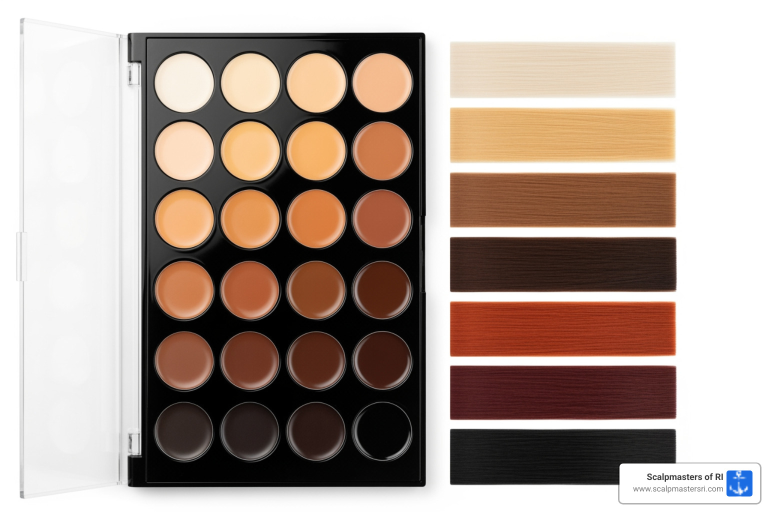 palette of different concealer shades next to various hair colors - balding cover up products