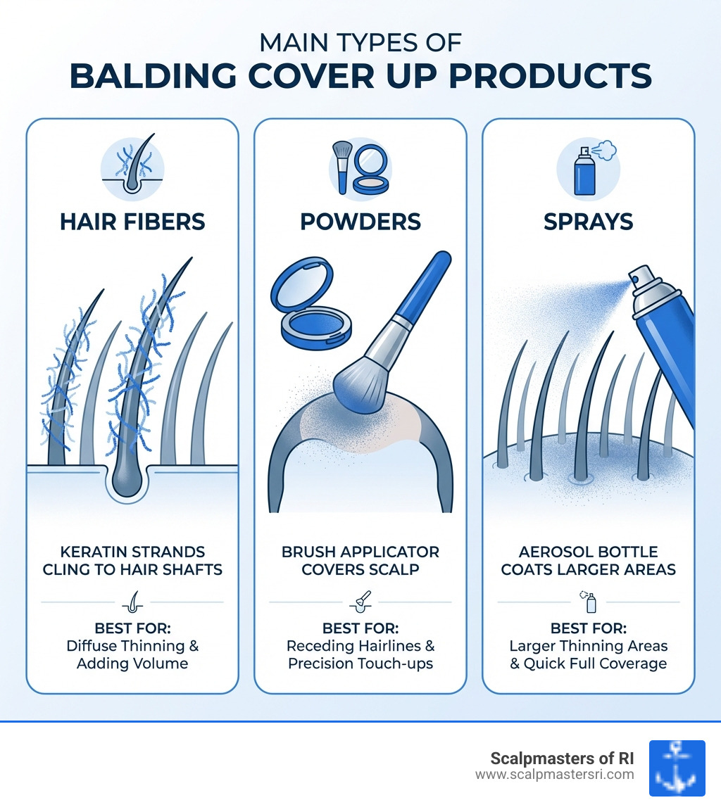 infographic showing three columns: Hair Fibers with keratin strands clinging to hair shafts, Powders with brush applicator covering scalp, and Sprays with aerosol bottle coating larger areas - balding cover up products infographic 