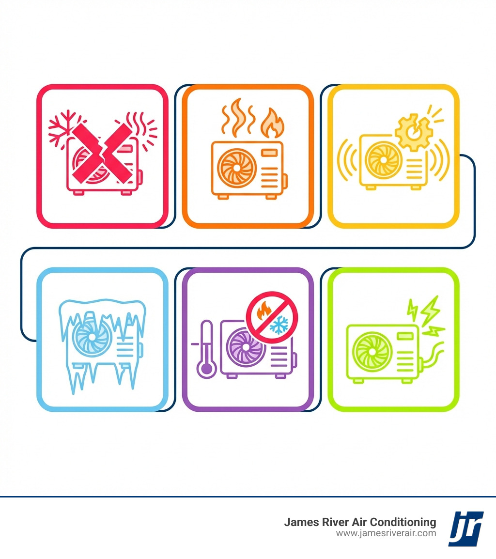infographic showing six emergency warning signs for heat pumps: complete system failure in extreme weather, burning or electrical smells, loud grinding or banging noises, excessive ice buildup, no heating or cooling output, and visible sparks or electrical problems - 24/7 heat pump repair in mechanicsville, va infographic infographic showing six emergency warning signs for heat pumps: complete system failure in extreme weather, burning or electrical smells, loud grinding or banging noises, excessive ice buildup, no heating or cooling output, and visible sparks or electrical problems - 24/7 heat pump repair in mechanicsville, va infographic