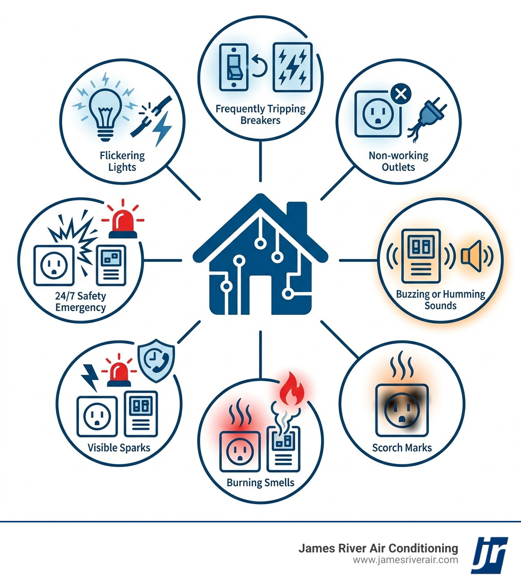 Infographic showing warning signs that require electrical repair service: flickering lights indicating loose connections or overloaded circuits, frequently tripping breakers signaling circuit overload, non-working outlets suggesting wiring problems, buzzing or humming sounds from electrical components, burning smells near outlets or panels requiring immediate attention, scorch marks on outlets indicating dangerous heat buildup, and visible sparks which are always a safety emergency requiring 24/7 professional service - electrical repair service in richmond, va infographic Infographic showing warning signs that require electrical repair service: flickering lights indicating loose connections or overloaded circuits, frequently tripping breakers signaling circuit overload, non-working outlets suggesting wiring problems, buzzing or humming sounds from electrical components, burning smells near outlets or panels requiring immediate attention, scorch marks on outlets indicating dangerous heat buildup, and visible sparks which are always a safety emergency requiring 24/7 professional service - electrical repair service in richmond, va infographic