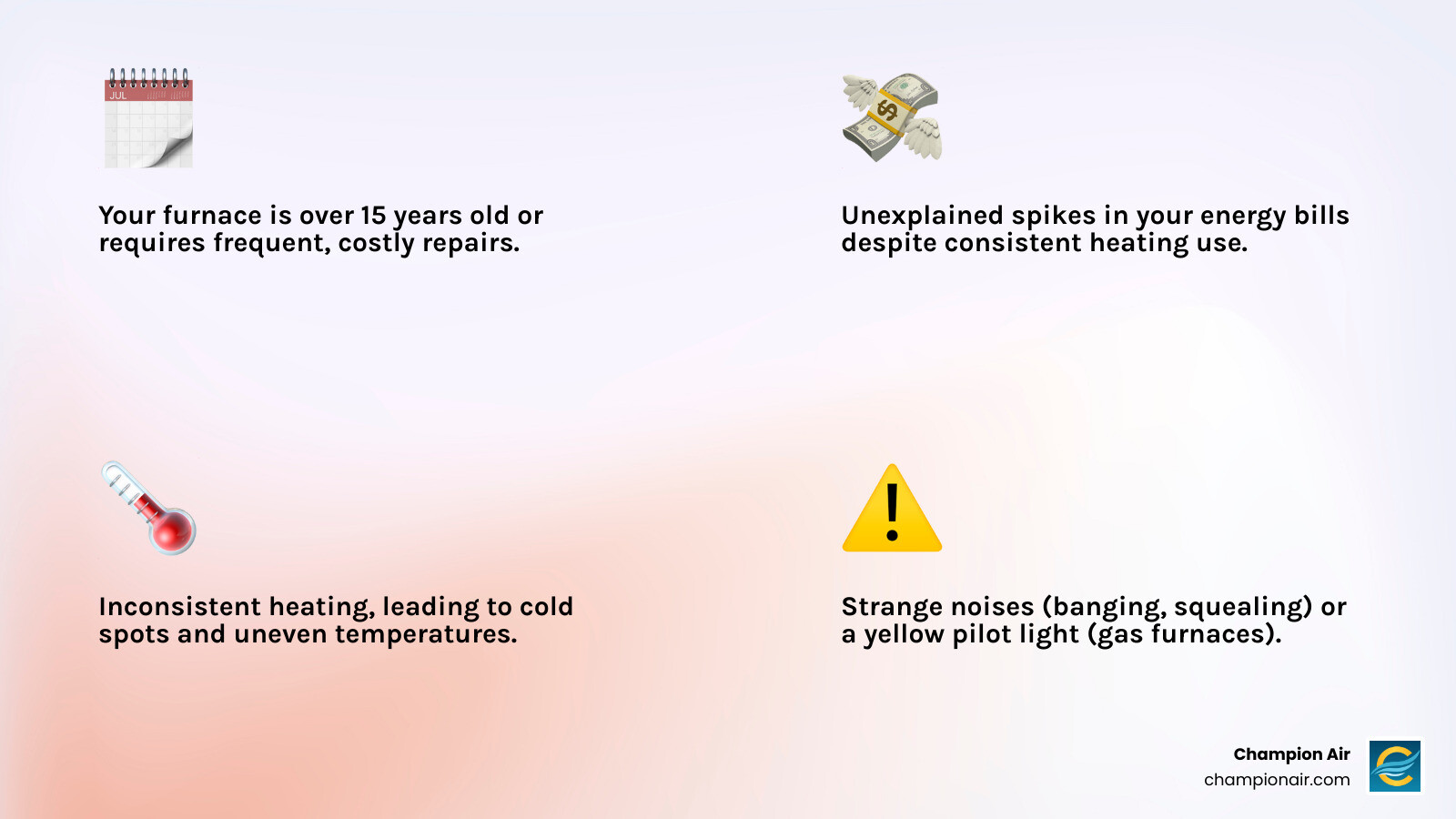 infographic showing key signs you need furnace replacement including age over 15 years, frequent repairs, rising energy bills, uneven heating, strange noises, and yellow pilot light with corresponding icons and brief explanations - furnace installation near me in chandler, az infographic 4_facts_emoji_light-gradient