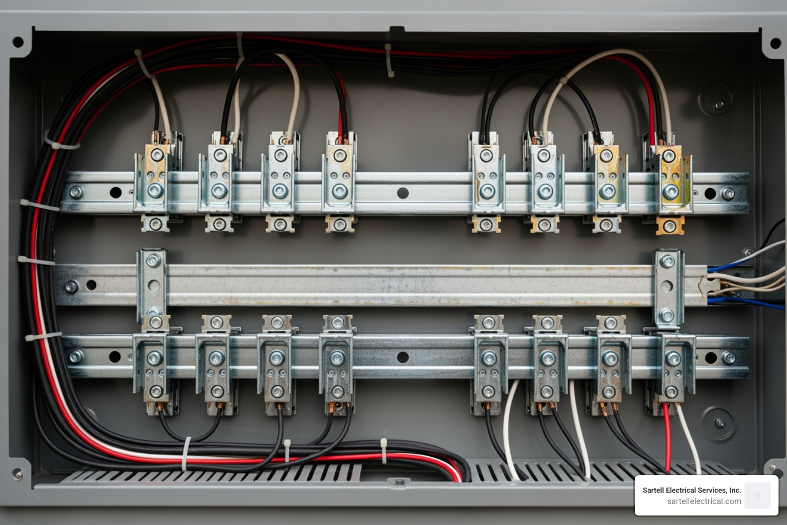 Inside of a 60 amp subpanel showing bus bars and space for breakers - 60 amp electrical sub panel Inside of a 60 amp subpanel showing bus bars and space for breakers - 60 amp electrical sub panel