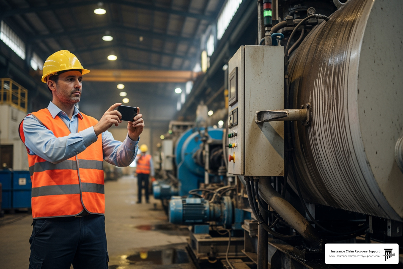 Facility manager taking photos of damaged equipment with a smartphone - Industrial Property Insurance Claim Facility manager taking photos of damaged equipment with a smartphone - Industrial Property Insurance Claim