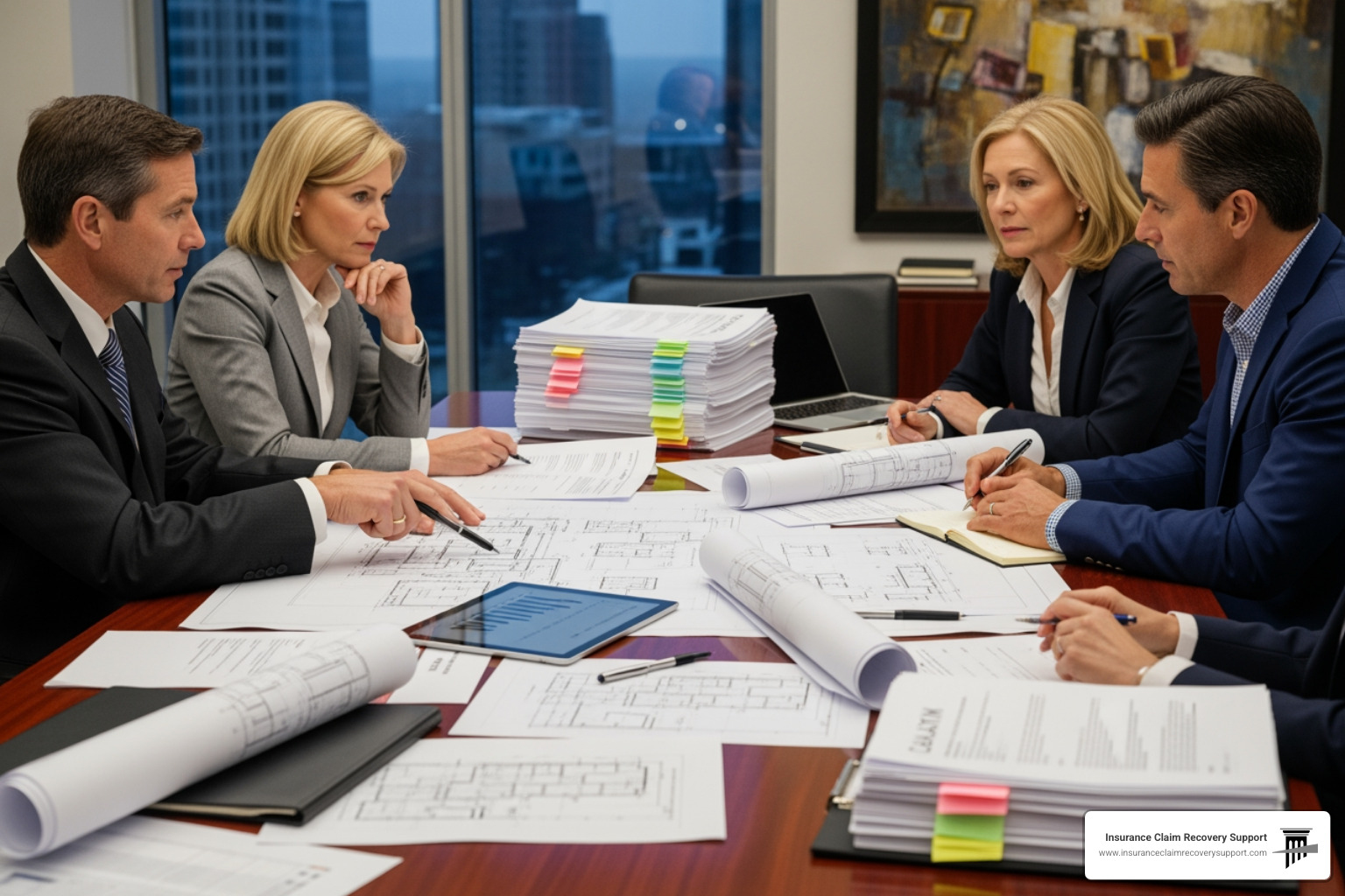 Negotiation meeting with blueprints and claim documents on a table - Industrial Property Insurance Claim Negotiation meeting with blueprints and claim documents on a table - Industrial Property Insurance Claim