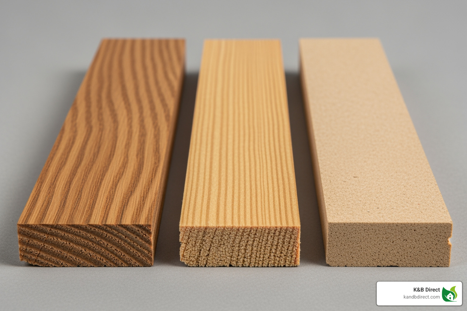 of various wood trim materials side-by-side, such as solid oak, poplar, and MDF. - 1 inch decorative wood trim