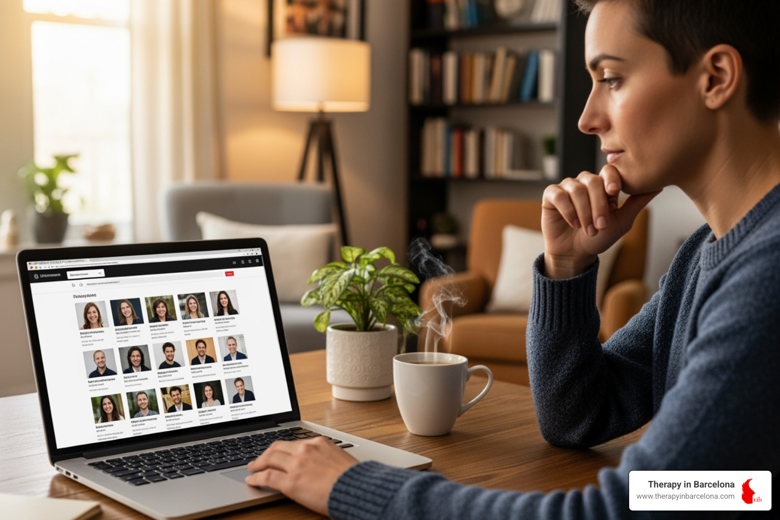 A person thoughtfully browsing a laptop, looking at therapist profiles, with a cup of coffee nearby - spanish therapist A person thoughtfully browsing a laptop, looking at therapist profiles, with a cup of coffee nearby - spanish therapist