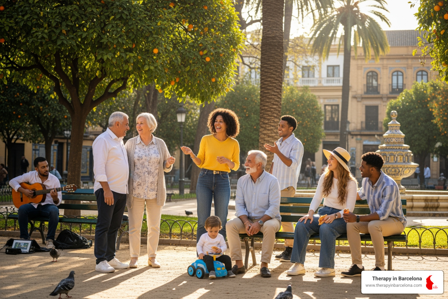 Diverse group of people smiling and chatting in a park in a Spanish city, showing cultural integration - spanish therapist Diverse group of people smiling and chatting in a park in a Spanish city, showing cultural integration - spanish therapist