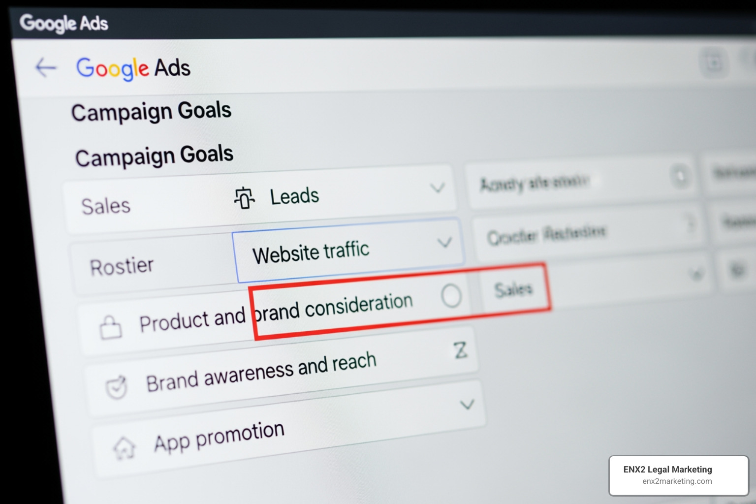 Google Ads campaign setup interface showing goal selection - Google Ads for attorneys Google Ads campaign setup interface showing goal selection - Google Ads for attorneys