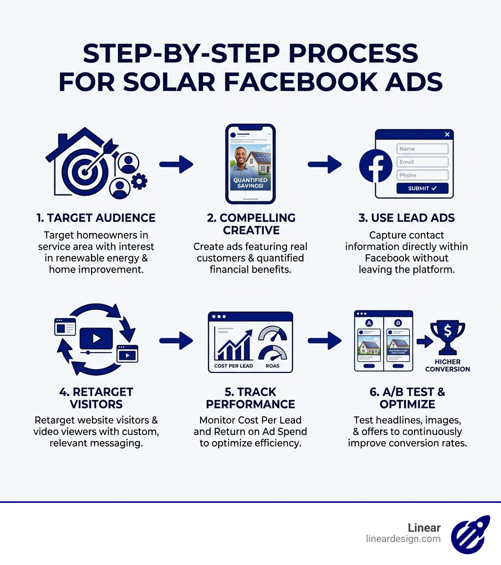 Step-by-step process for solar Facebook ads: 1. Target homeowners in your service area with interest in renewable energy and home improvement. 2. Create ads featuring real customers and quantified savings. 3. Use Lead Ads to capture contact information without leaving Facebook. 4. Retarget website visitors and video viewers with custom messaging. 5. Track Cost Per Lead and ROAS to optimize performance. 6. A/B test different headlines, images, and offers to improve conversion rates. - facebook ads for solar companies infographic 