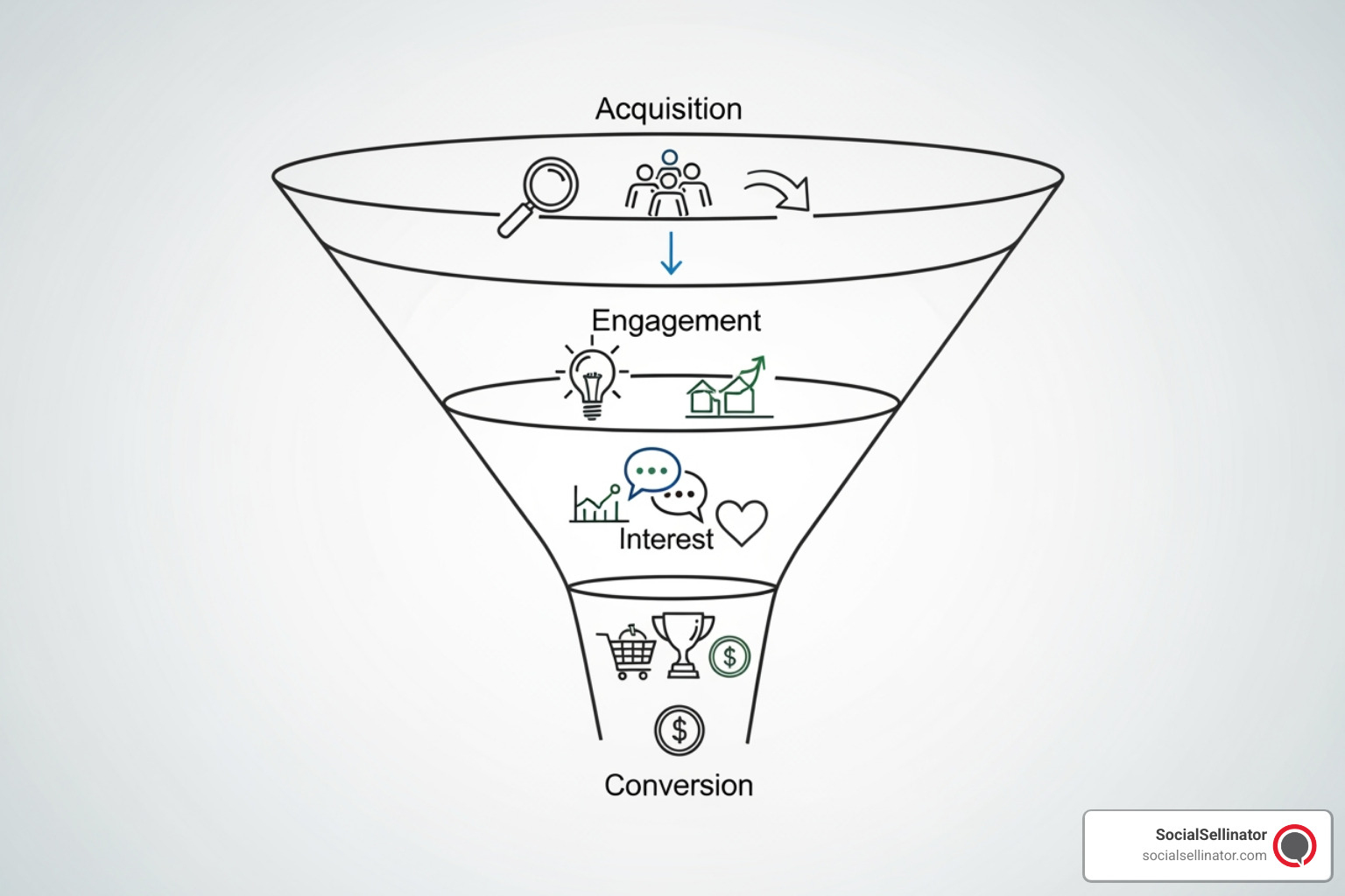 marketing funnel diagram (Acquisition, Engagement, Conversion) with associated key metrics icons - How to use analytics?