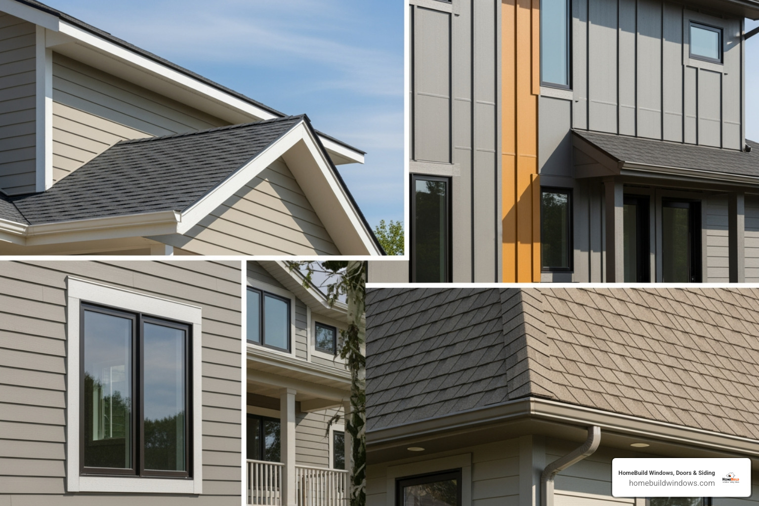 A variety of fiber cement siding styles including horizontal lap siding, vertical panels, and shake shingles, all in different colors and textures - fiber cement siding panels