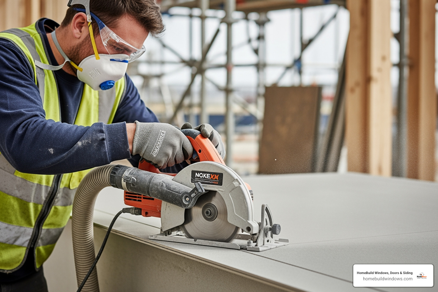 A professional installer wearing safety gear, including a mask, using a specialized dust-reducing saw to cut a fiber cement panel - fiber cement siding panels