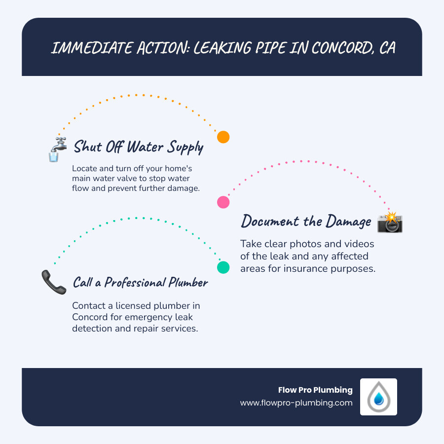 Infographic showing three immediate steps when you discover a leaking pipe: Step 1 shows a hand turning a water shut-off valve with the text 'Shut Off Main Water Supply', Step 2 shows a smartphone taking a photo of water damage with the text 'Document the Damage for Insurance', and Step 3 shows a phone with a plumber contact screen and the text 'Call a Licensed Plumber Immediately' - leaking pipe in concord, ca infographic Infographic showing three immediate steps when you discover a leaking pipe: Step 1 shows a hand turning a water shut-off valve with the text 'Shut Off Main Water Supply', Step 2 shows a smartphone taking a photo of water damage with the text 'Document the Damage for Insurance', and Step 3 shows a phone with a plumber contact screen and the text 'Call a Licensed Plumber Immediately' - leaking pipe in concord, ca infographic