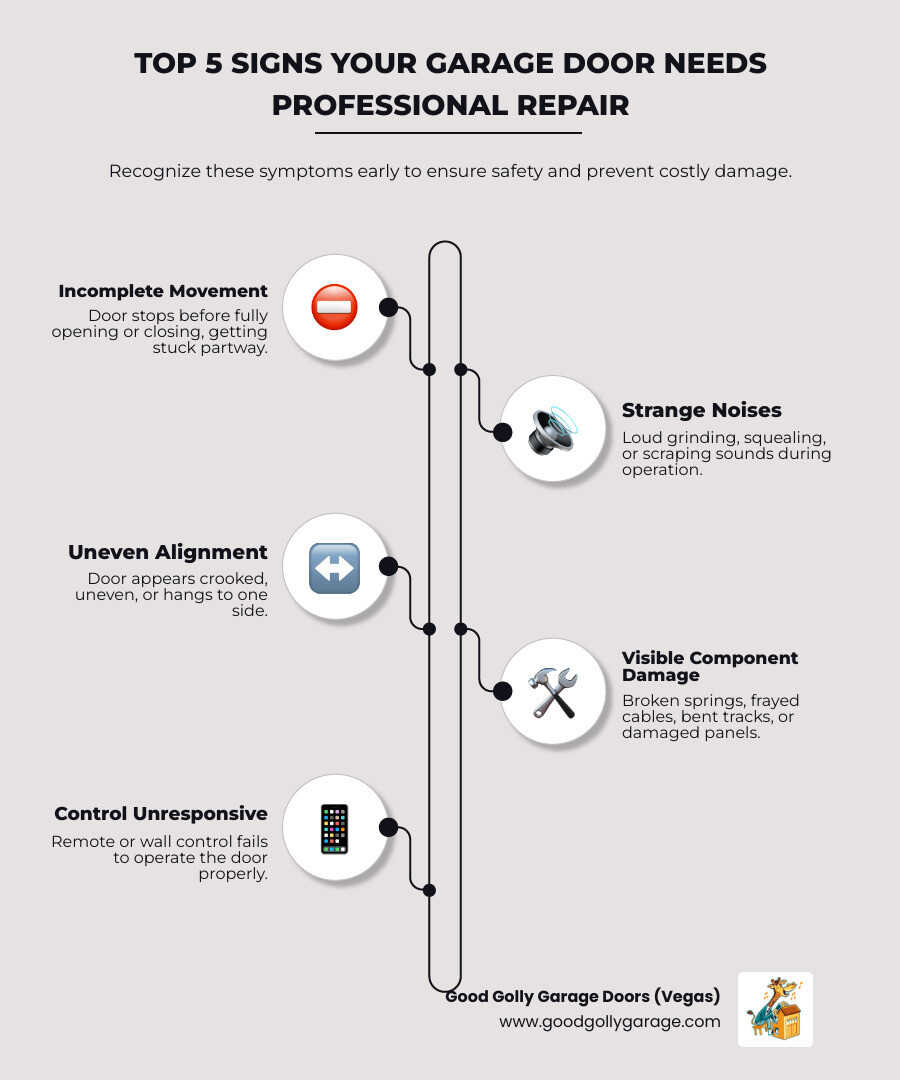 Infographic showing the top 5 signs your garage door needs professional repair: 1) Door won't open or close completely, 2) Loud grinding or squealing noises during operation, 3) Door appears uneven or hangs to one side, 4) Visible damage to springs, cables, or panels, 5) Remote or wall control not responding properly - garage door repair near me henderson nv infographic infographic-line-5-steps-elegant_beige