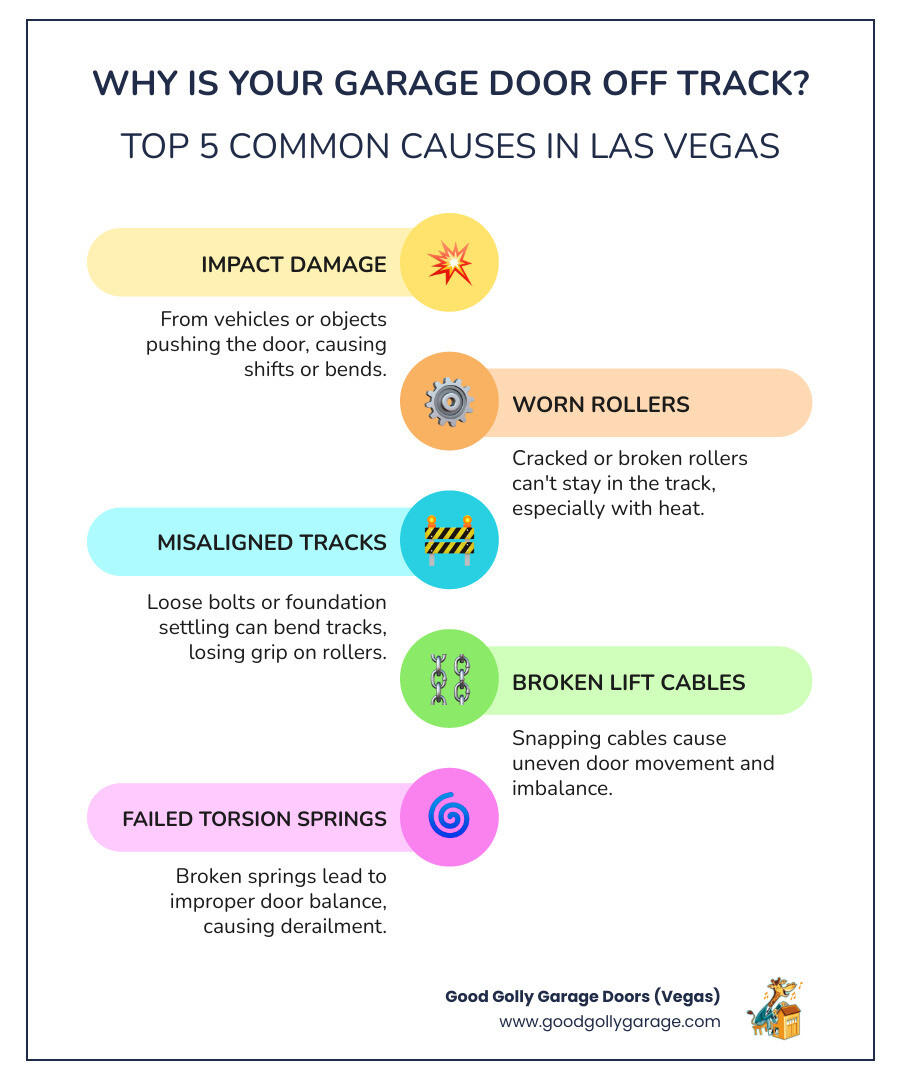 Infographic showing the top 5 causes of off-track garage doors: 1) Impact damage from vehicles or objects, 2) Worn or broken rollers that can't stay in the track, 3) Misaligned or bent tracks from loose bolts or foundation settling, 4) Broken lift cables causing uneven door movement, 5) Failed torsion springs leading to improper door balance. Each cause is illustrated with a simple icon and brief description. - Why Is My Garage Door Off Track Las Vegas NV infographic infographic-line-5-steps-colors Infographic showing the top 5 causes of off-track garage doors: 1) Impact damage from vehicles or objects, 2) Worn or broken rollers that can't stay in the track, 3) Misaligned or bent tracks from loose bolts or foundation settling, 4) Broken lift cables causing uneven door movement, 5) Failed torsion springs leading to improper door balance. Each cause is illustrated with a simple icon and brief description. - Why Is My Garage Door Off Track Las Vegas NV infographic infographic-line-5-steps-colors