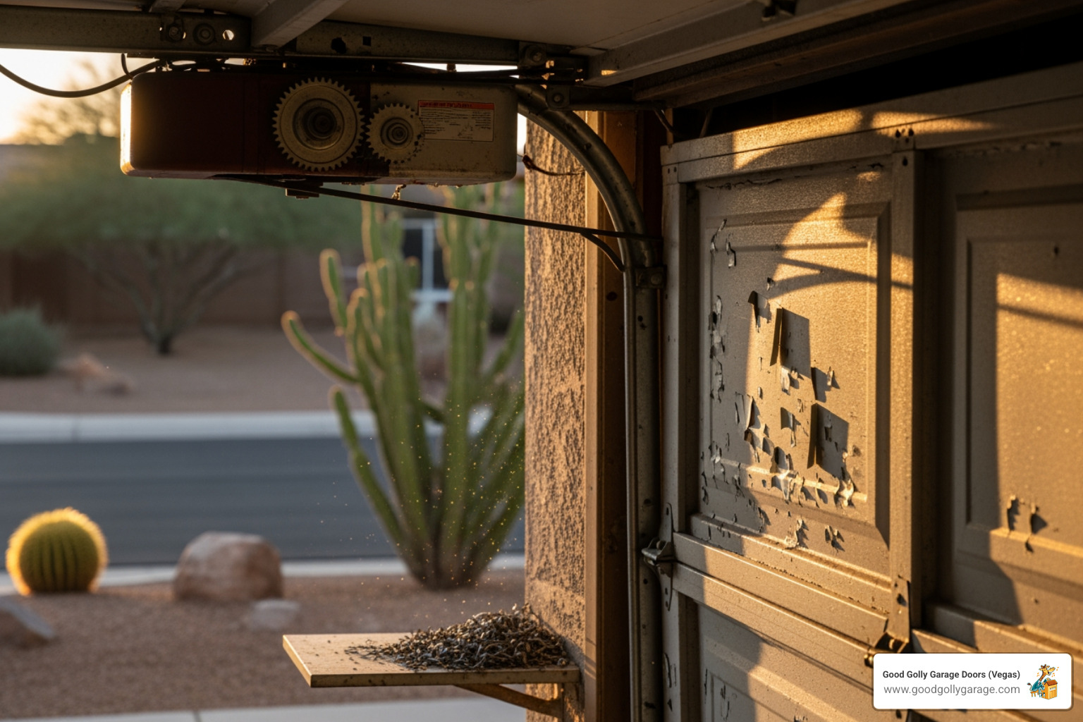 infographic showing a garage door with labeled callouts pointing to common noise sources: worn rollers at the tracks, torsion springs above the door, loose chain on the opener motor, misaligned tracks on the sides, and dry hinges between door panels - Why Is My Loud Garage Door Henderson NV infographic showing a garage door with labeled callouts pointing to common noise sources: worn rollers at the tracks, torsion springs above the door, loose chain on the opener motor, misaligned tracks on the sides, and dry hinges between door panels - Why Is My Loud Garage Door Henderson NV