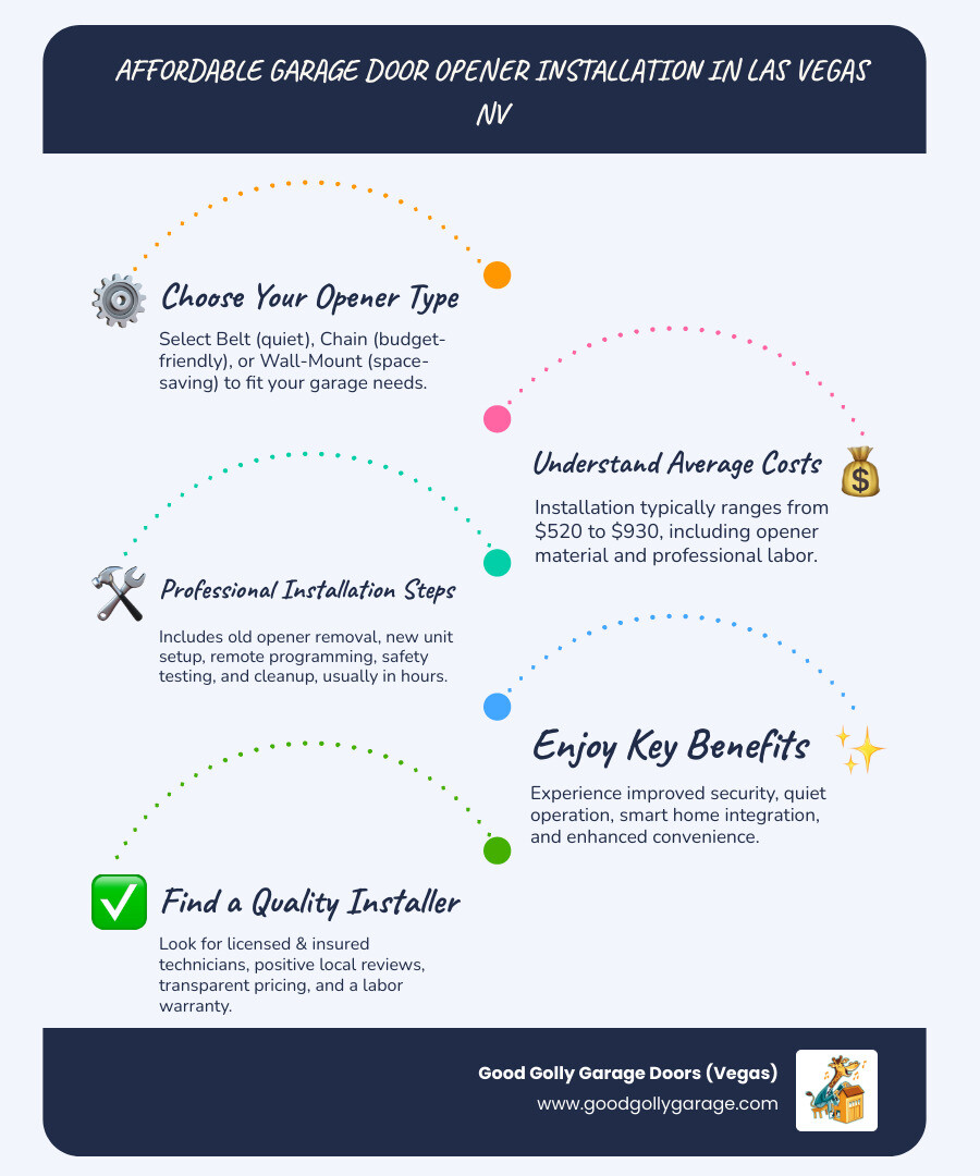 Infographic showing the complete process of Affordable Garage Door Opener Installation in Las Vegas NV, including choosing between belt drive, chain drive, and wall-mount openers; installation steps from safety inspection through remote programming; typical timeframe of a few hours; key benefits like improved security, quiet operation, and smart home integration; and what to look for in a quality installer including licensing, local reviews, and warranty coverage - Affordable Garage Door Opener Installation Las Vegas NV infographic infographic-line-5-steps-blues-accent_colors