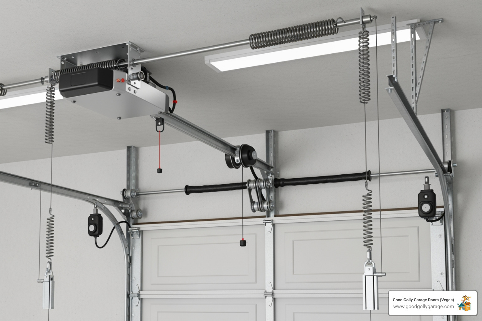 infographic showing the main components of a garage door system including torsion springs mounted above the door, the opener unit on the ceiling with trolley and rail, vertical tracks on both sides, rollers inside the tracks, safety sensors at the bottom of each track, and lift cables running from the bottom brackets to the spring assembly - Why Is My Garage Door Stuck Henderson NV